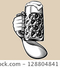 Glass of frothy beer raised upwards. Toasting with a large mug of ale. Vector illustration for pub or brewery design. Hand drawn by human in engraving, etching, woodcut, ink, retro vintage style Glass of frothy beer raised upwards. Toasting with a large mug of ale. Vector illustration for pub or brewery design. Hand drawn by human in engraving, etching, woodcut, ink, retro vintage style 128804841