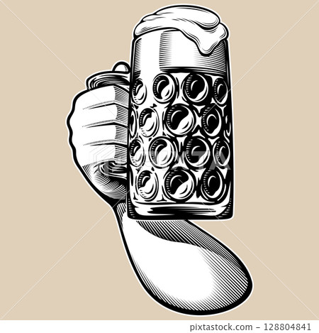 Glass of frothy beer raised upwards. Toasting with a large mug of ale. Vector illustration for pub or brewery design. Hand drawn by human in engraving, etching, woodcut, ink, retro vintage style 128804841