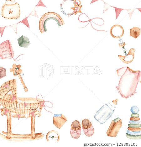 Baby girl Frame with Toys, clothes and cradle. Baby Shower border. Hand drawn watercolor illustration in pastel colors. For newborn greeting cards, invitations, gender reveal party. 128805103