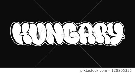 The word Hungary is displayed in a creative bubble style font against a black backdrop. The word Hungary is displayed in a creative bubble style font against a black backdrop. 128805335