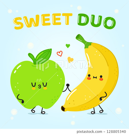 Cute cartoon of a happy apple and banana couple, symbolizing friendship. 128805340