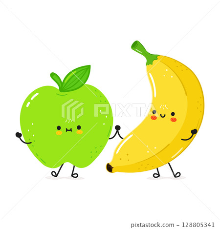 This delightful cartoon features a smiling apple and banana enjoying a friendly embrace. 128805341