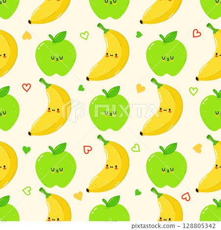 A cheerful seamless pattern with cute cartoon bananas, apples, and hearts on a light background. 128805342