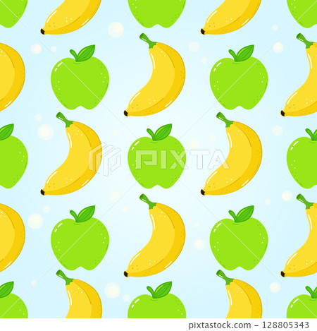 Repeating pattern featuring green apples and yellow bananas on a blue background 128805343