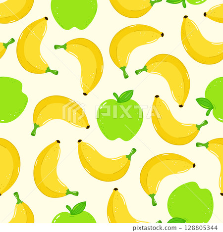 Delightful seamless pattern of bananas and green apples in a playful design. 128805344