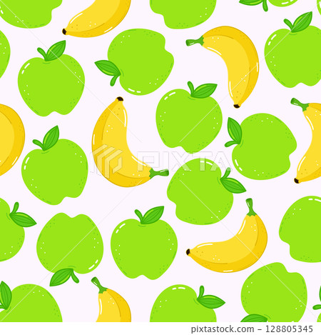 Seamless pattern of green apples and yellow bananas on a white backdrop. 128805345