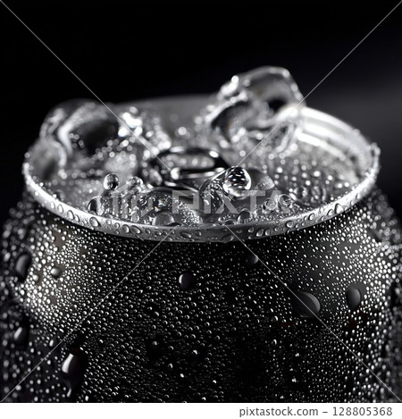 A close-up of a cold soda can, covered in condensation, against a black backdrop. 128805368
