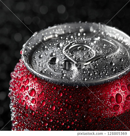 A close-up captures a refreshing red soda can covered in water droplets. 128805369