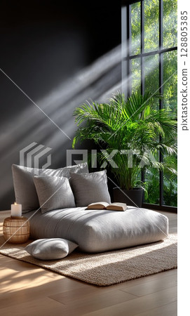 A relaxing living room scene with a cozy sofa, plants, and natural light. 128805385