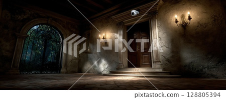 A dramatic indoor scene features a grand entrance and architectural details under soft lighting. 128805394