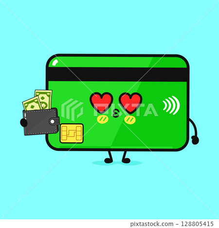 A cute credit card character with heart eyes, holding a wallet full of money. A cute credit card character with heart eyes, holding a wallet full of money. 128805415