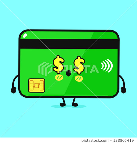A cute cartoon credit card character, expressing a smile with dollar sign eyes. 128805419