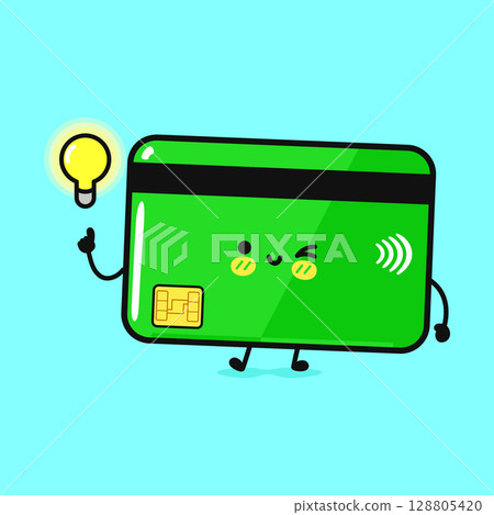 A cute credit card character is having a brilliant financial idea A cute credit card character is having a brilliant financial idea 128805420