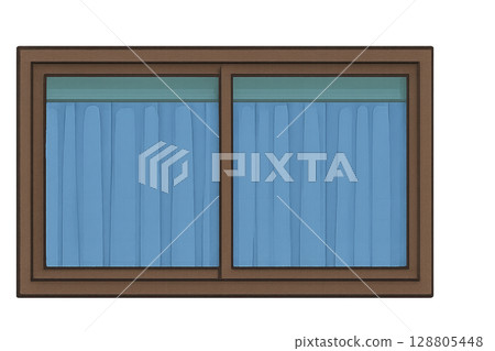 Indoor illustration of sliding window and curtains (wooden frame, blue curtains, for residential use) 128805448