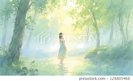 Illustration of a woman taking a forest bath in a river in the forest - Healing summer forest 128805468