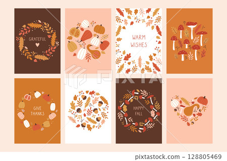 Autumn greeting card with pumpkin, mushrooms and fall leaves 128805469