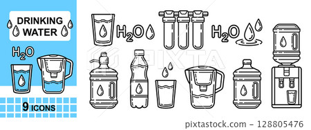 Water H2O drink, liquid aqua drinking clean filtration system, plastic gallon bottle, jug filter and glass, cooler dispenser icon. Health food. Mineral beverage. Rain, humidity. Hygiene wash vector Water H2O drink, liquid aqua drinking clean filtration system, plastic gallon bottle, jug filter and glass, cooler dispenser icon. Health food. Mineral beverage. Rain, humidity. Hygiene wash vector 128805476