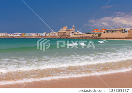 Cathedral of Cadiz and seafront walls in Spain 128805587