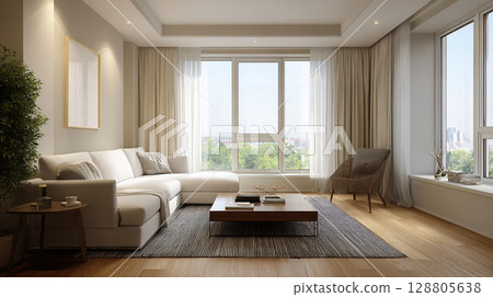 簡約、現代、明亮的客廳,視野開闊 簡約、現代、明亮的客廳,視野開闊 128805638