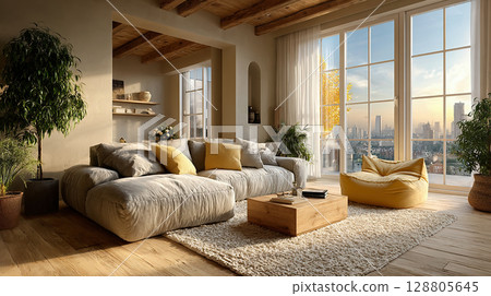 夕陽照射下的溫暖客廳 128805645