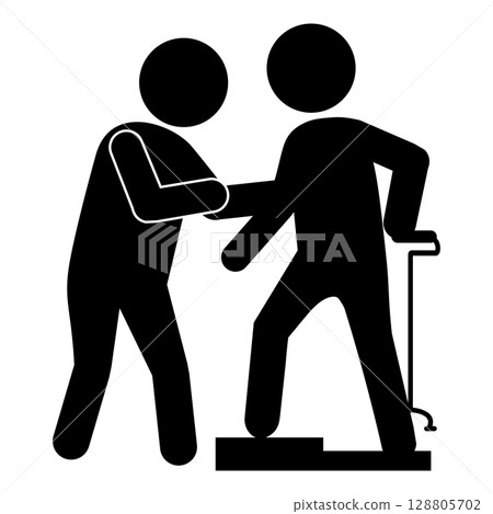 Pictogram of a caregiver supporting an elderly person over a step 128805702