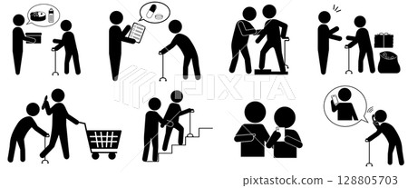 A pictogram set depicting situations for supporting elderly people A pictogram set depicting situations for supporting elderly people 128805703