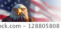 Close-up of an American Bald Eagle Head Over An American Flag Abstract Background Banner - Generative AI. 128805808