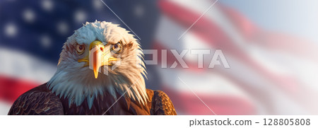Close-up of an American Bald Eagle Head Over An American Flag Abstract Background Banner - Generative AI. 128805808