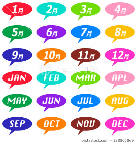 彩色氣泡圖示設定為 1 月至 12 月,帶有數字和英文字母 彩色氣泡圖示設定為 1 月至 12 月,帶有數字和英文字母 128805869