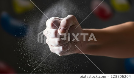 Close-up of clenched fist punching through cloud of white powder dust particles creating dynamic explosion effect against dark blurred background 128806204
