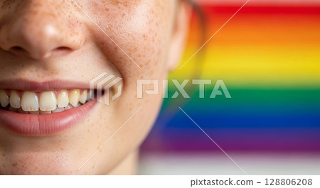 Close-up of smiling young woman with freckles against vibrant rainbow pride flag background showing teeth and joyful expression 128806208