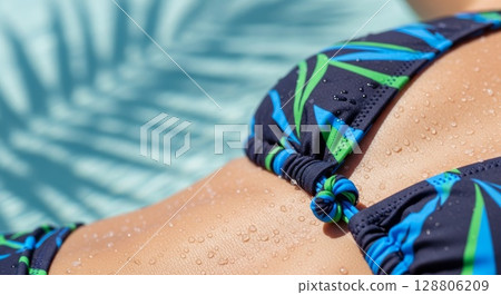Close-up of woman wearing navy blue green striped bikini with water droplets by swimming pool edge 128806209