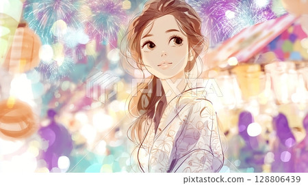 Cute Japanese woman in yukata and summer festival night | Fireworks, summer festival, yukata, smile, night sky Cute Japanese woman in yukata and summer festival night | Fireworks, summer festival, yukata, smile, night sky 128806439