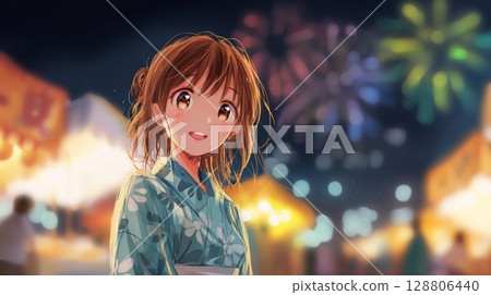 Cute Japanese woman in yukata and summer festival night | Fireworks, summer festival, yukata, smile, night sky 128806440