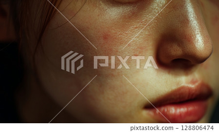 特寫：日本女性的臉頰和下巴出現紅腫，皮膚問題 | 女性，皮膚問題，紅腫，臉頰，下巴 128806474