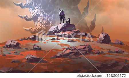 Man and Dog Facing Massive Strange Rock Formation in Alien Landscape 128806572