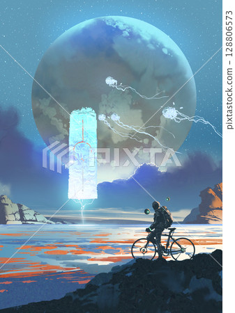 Cyclist Observing Floating Monolith and Lightning on Distant Planet Cyclist Observing Floating Monolith and Lightning on Distant Planet 128806573