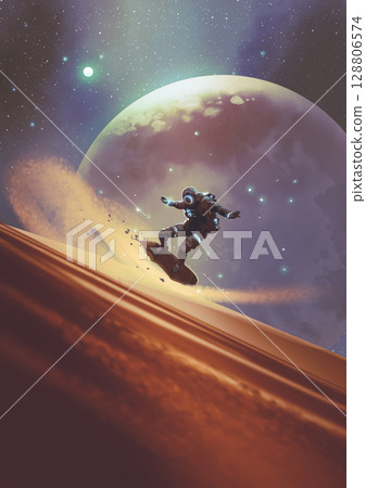Astronaut Sandboarding on Distant Desert Planet Astronaut Sandboarding on Distant Desert Planet 128806574