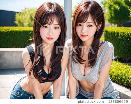 Two women sitting on a bench Two women sitting on a bench 128806629