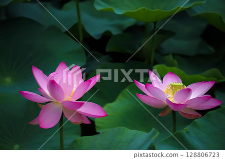 Landscape with lotus flowers Landscape with lotus flowers 128806723