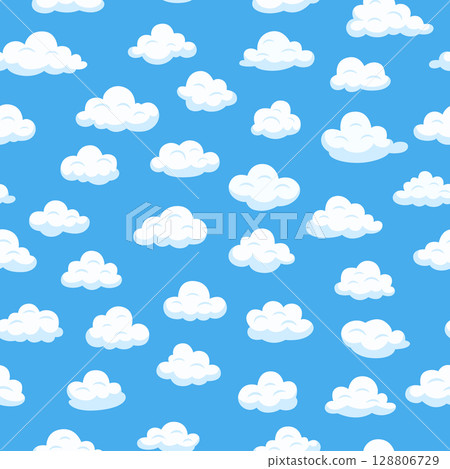 Seamless Cloud Pattern. Blue Sky Cloud Vector Background. Cartoon Cloud Pattern. White Clouds. Sky with Clouds Design. Cute Cloud Wallpaper. Minimal Cloudy Sky Seamless Pattern 128806729