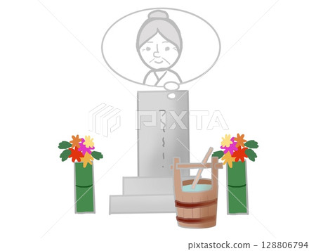 Grandmother with speech bubble and tombstone and bouquet illustration 128806794