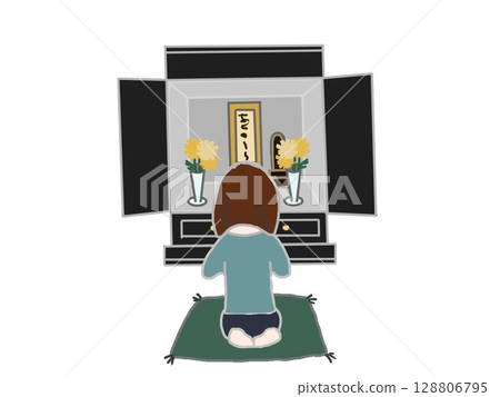Illustration of a woman's back view praying in front of a Buddha statue 128806795