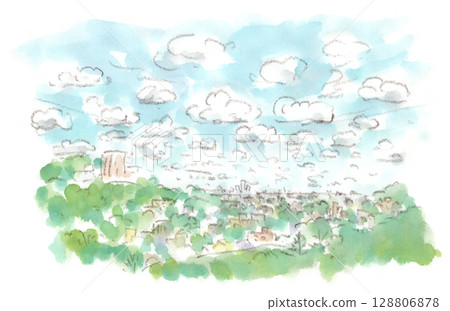 夏日天空的插圖，大小和高度相似的雲朵排列在遠處（看起來像剛烤好的麵包的雲） 128806878