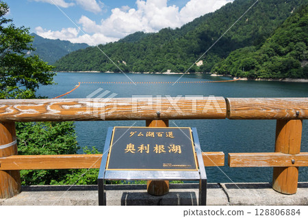Yagisawa Dam in summer - Lake Okutone signboard 128806884