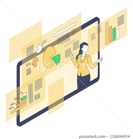Illustration of a female business person conducting an online seminar 128806954