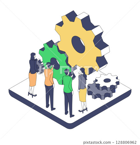 Isometric illustration of a business team adjusting giant gears | Visualizing the collaboration of organizations and mechanisms 128806962