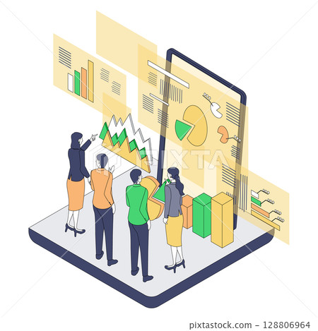 Drawing strategies with data | Isometric illustration of a meeting scene using a large display 128806964
