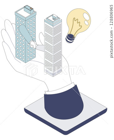 Handshake between companies | Unique isometric illustration of buildings holding hands 128806965
