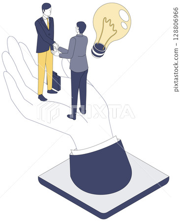 Platform of Trust | Isometric illustration of a giant hand supporting a handshake of businessmen 128806966